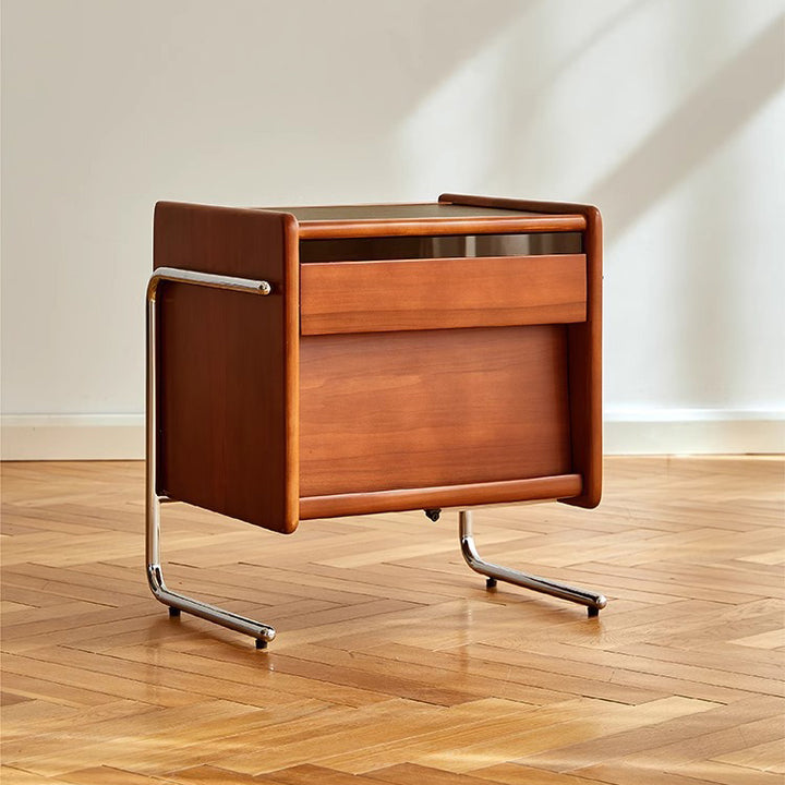 Zeitgenössischer kreativer Nachttisch aus Kiefernholz und Edelstahl mit gebogener quadratischer Form und 2 Schubladen für das Schlafzimmer 
