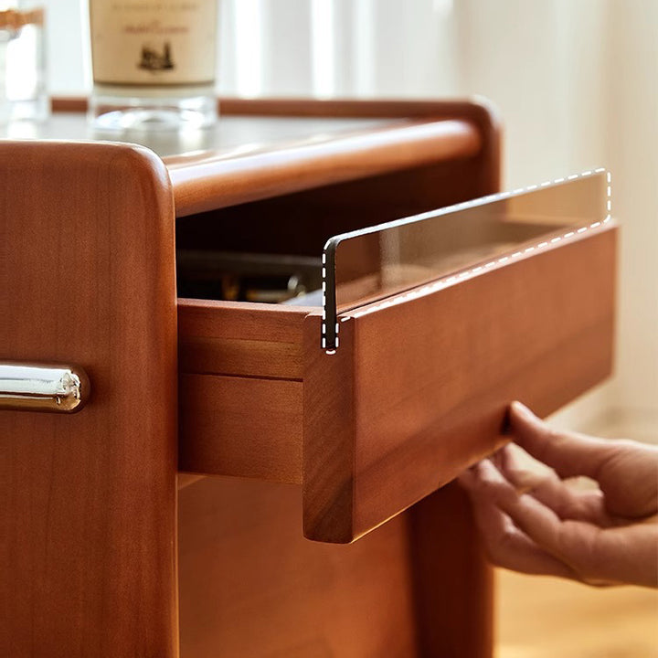 Zeitgenössischer kreativer Nachttisch aus Kiefernholz und Edelstahl mit gebogener quadratischer Form und 2 Schubladen für das Schlafzimmer 