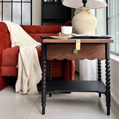 Table d'appoint rectangulaire ondulée en bois traditionnel français 1 tiroir 2 niveaux pour salon 
