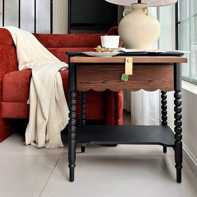 Table d'appoint rectangulaire ondulée en bois traditionnel français 1 tiroir 2 niveaux pour salon 