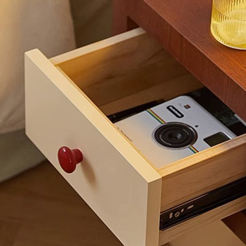 Table de chevet contemporaine créative rectangulaire à coins arrondis avec base cylindrique en bois massif pour chambre à coucher 