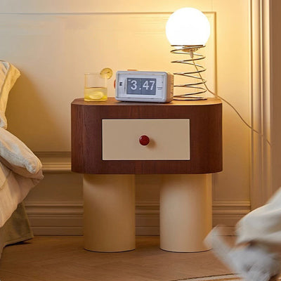 Table de chevet contemporaine créative rectangulaire à coins arrondis avec base cylindrique en bois massif pour chambre à coucher 