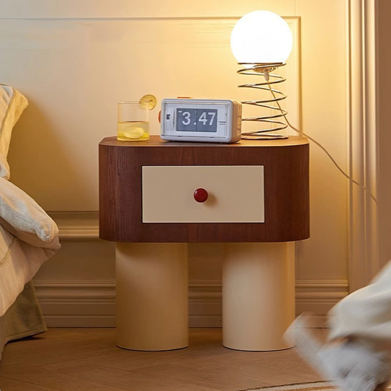 Table de chevet contemporaine créative rectangulaire à coins arrondis avec base cylindrique en bois massif pour chambre à coucher 