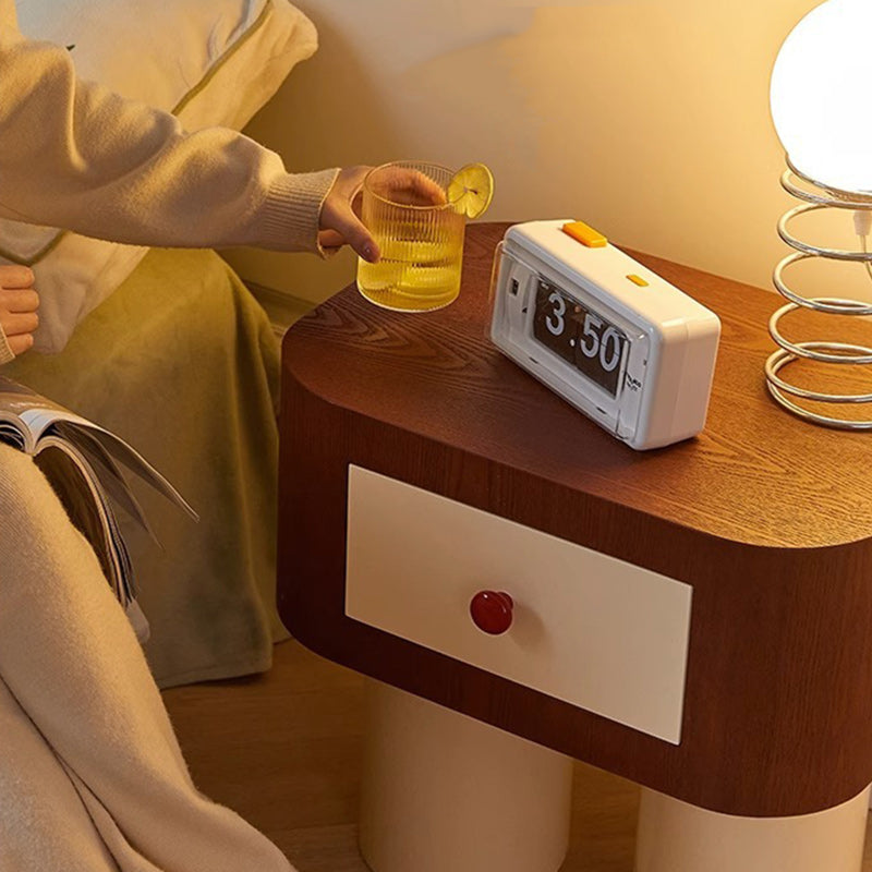 Table de chevet contemporaine créative rectangulaire à coins arrondis avec base cylindrique en bois massif pour chambre à coucher 