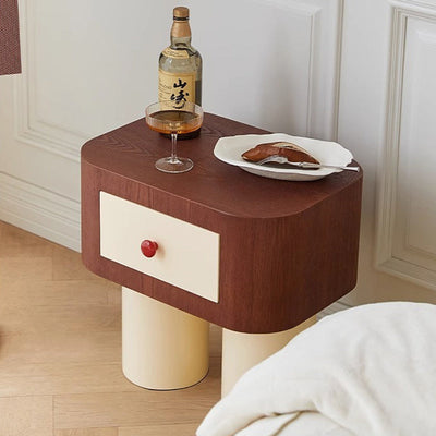 Table de chevet contemporaine créative rectangulaire à coins arrondis avec base cylindrique en bois massif pour chambre à coucher 