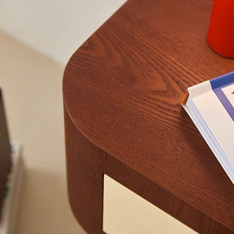 Table de chevet contemporaine créative rectangulaire à coins arrondis avec base cylindrique en bois massif pour chambre à coucher 