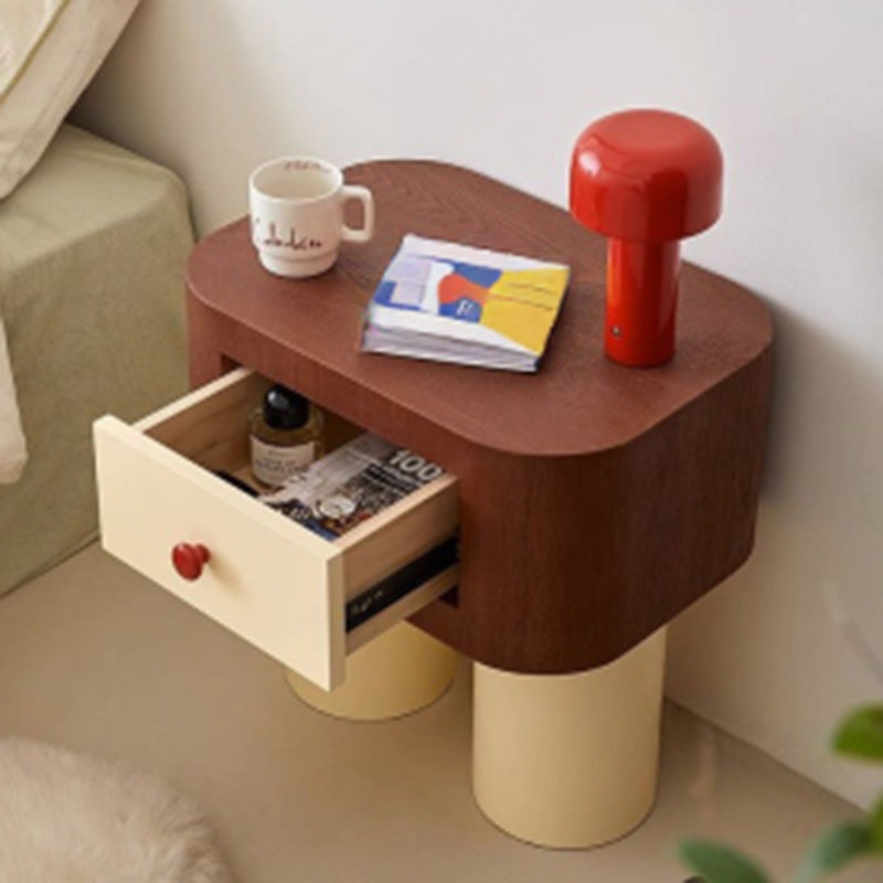Table de chevet contemporaine créative rectangulaire à coins arrondis avec base cylindrique en bois massif pour chambre à coucher 