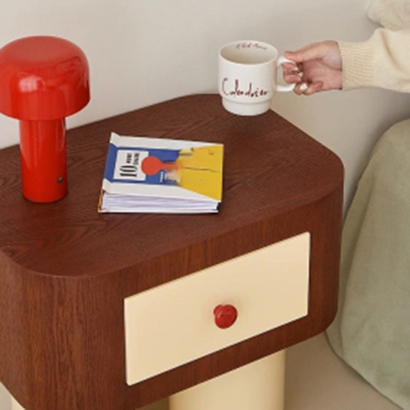 Table de chevet contemporaine créative rectangulaire à coins arrondis avec base cylindrique en bois massif pour chambre à coucher 