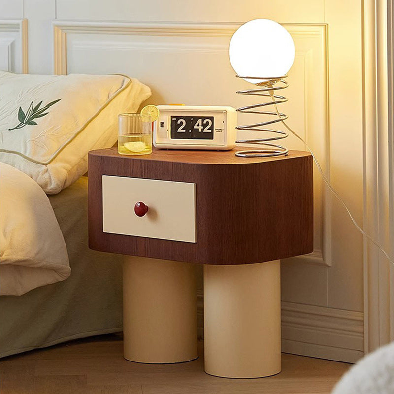Table de chevet contemporaine créative rectangulaire à coins arrondis avec base cylindrique en bois massif pour chambre à coucher 