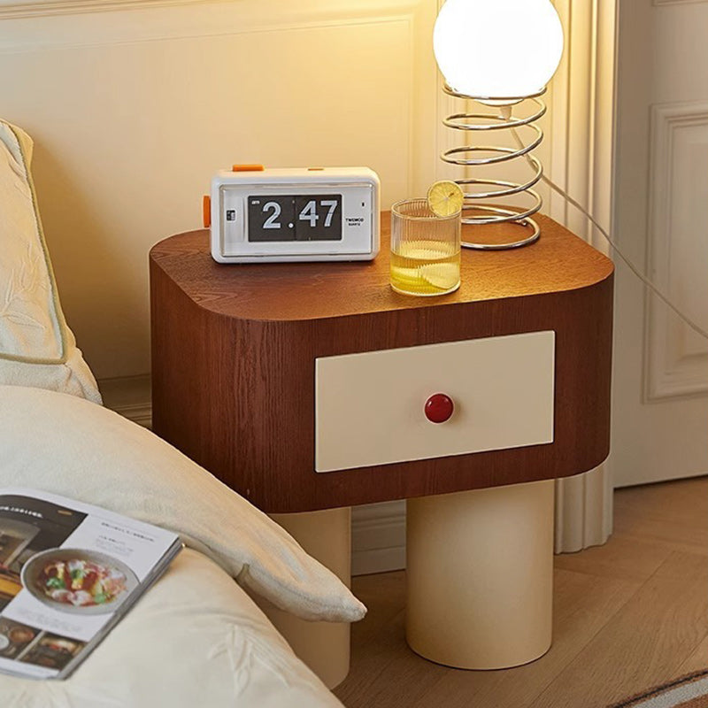 Table de chevet contemporaine créative rectangulaire à coins arrondis avec base cylindrique en bois massif pour chambre à coucher 