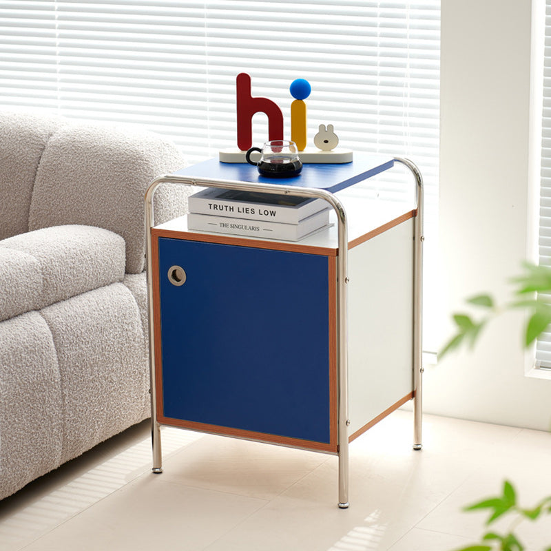 Modern Minimalist Rectangular Rounded Corner MDF Stainless Steel Nightstand 1-Cabinet For Bedroom