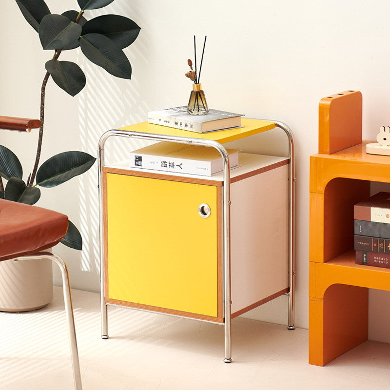 Modern Minimalist Rectangular Rounded Corner MDF Stainless Steel Nightstand 1-Cabinet For Bedroom