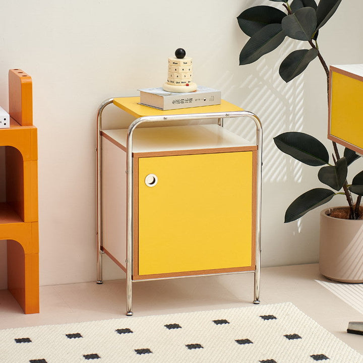 Modern Minimalist Rectangular Rounded Corner MDF Stainless Steel Nightstand 1-Cabinet For Bedroom