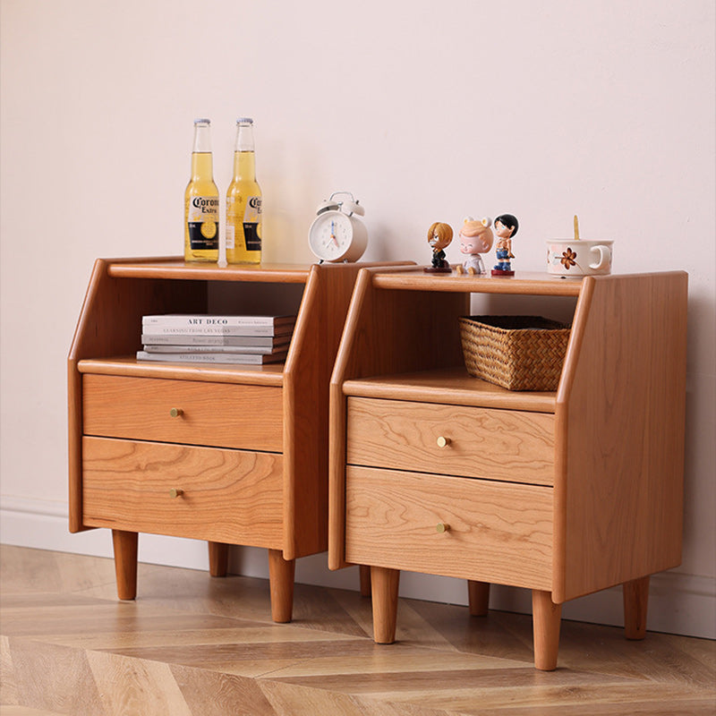 Traditional Japanese Trapezoidal Rectangular Pine Wood Cedar Wood Plywood Nightstand 2-Tier 2-Drawer For Bedroom