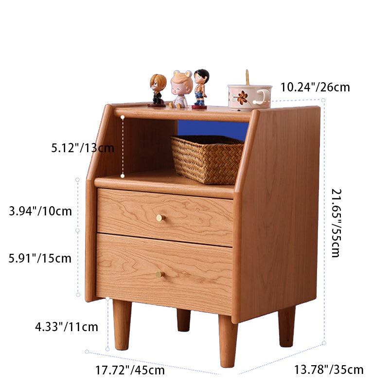 Traditional Japanese Trapezoidal Rectangular Pine Wood Cedar Wood Plywood Nightstand 2-Tier 2-Drawer For Bedroom