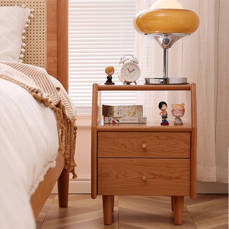 Traditional Japanese Trapezoidal Rectangular Pine Wood Cedar Wood Plywood Nightstand 2-Tier 2-Drawer For Bedroom