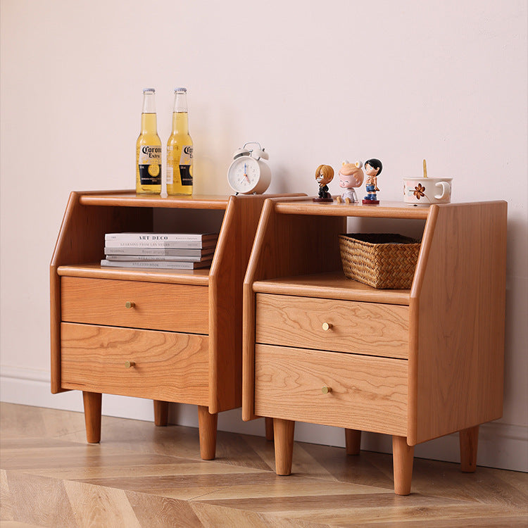 Traditional Japanese Trapezoidal Rectangular Pine Wood Cedar Wood Plywood Nightstand 2-Tier 2-Drawer For Bedroom