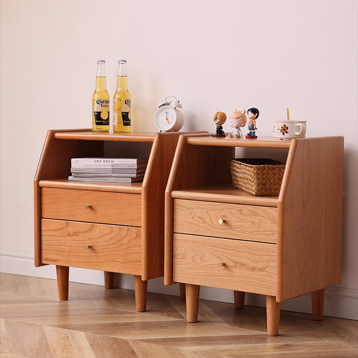 Traditional Japanese Trapezoidal Rectangular Pine Wood Cedar Wood Plywood Nightstand 2-Tier 2-Drawer For Bedroom