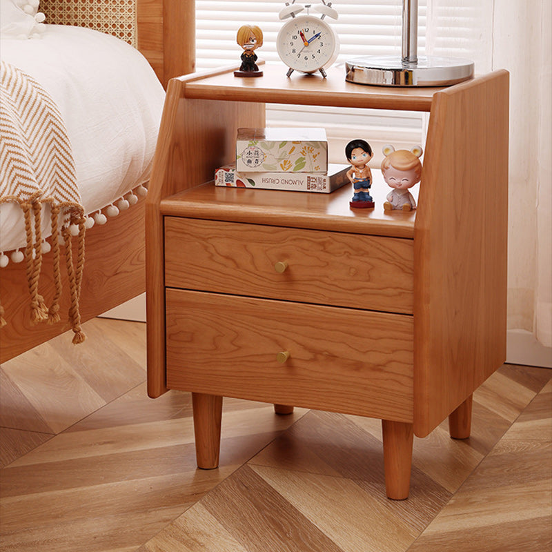 Traditional Japanese Trapezoidal Rectangular Pine Wood Cedar Wood Plywood Nightstand 2-Tier 2-Drawer For Bedroom