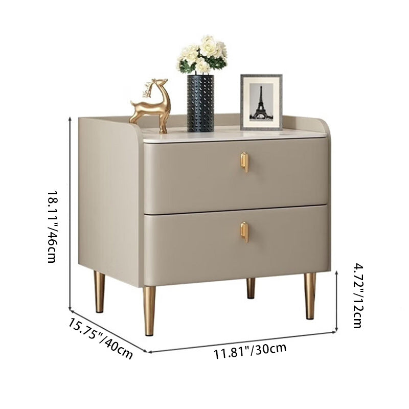 Table de nuit moderne de luxe rectangulaire à base cylindrique en pierre, cuir microfibre, bois massif, acier au carbone, 2 tiroirs pour chambre 