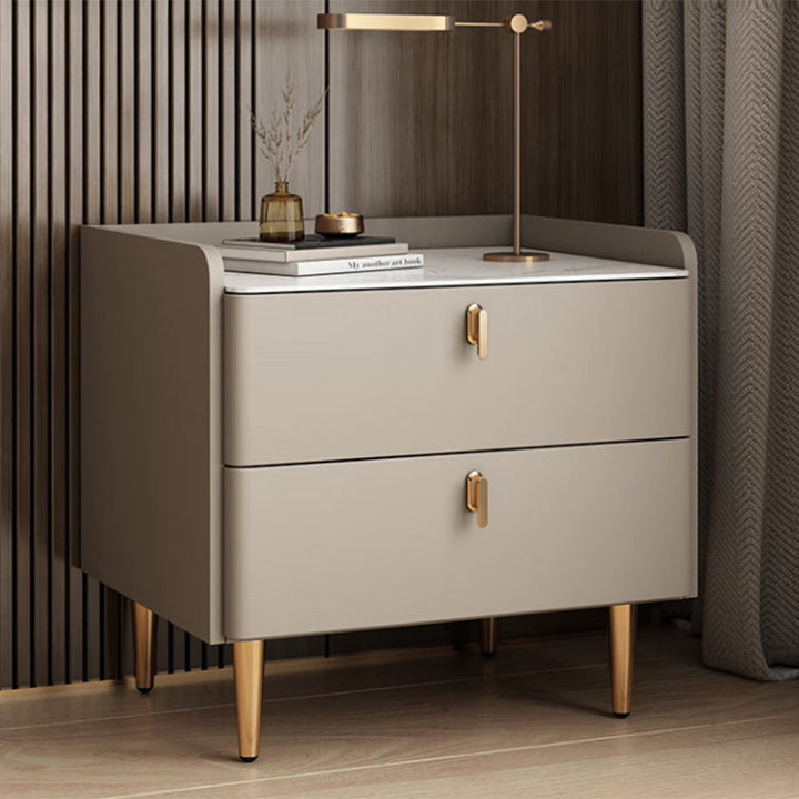Modern Luxury Rectangular Cylinder Base Rock Slab Microfiber Leather MDF Carbon Steel Nightstand 2-Drawer For Bedroom