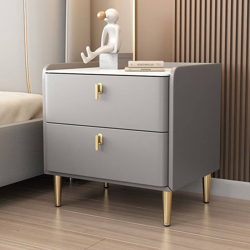 Table de nuit moderne de luxe rectangulaire à base cylindrique en pierre, cuir microfibre, bois massif, acier au carbone, 2 tiroirs pour chambre 