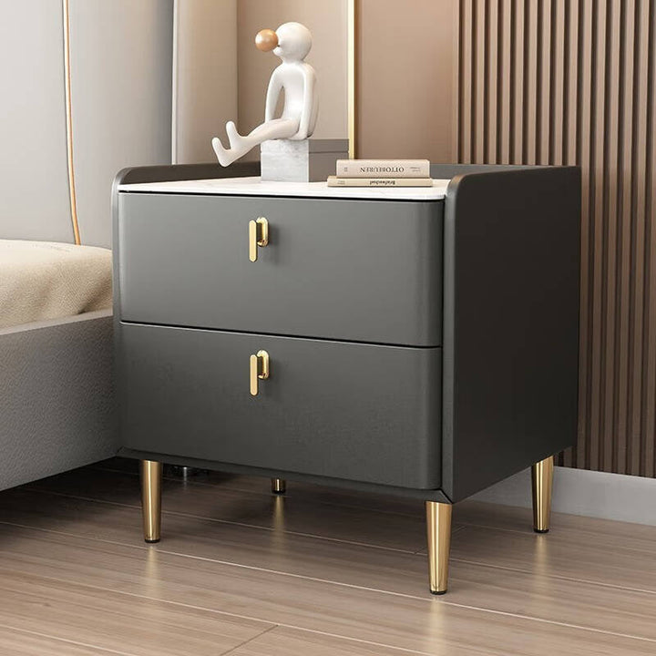 Table de nuit moderne de luxe rectangulaire à base cylindrique en pierre, cuir microfibre, bois massif, acier au carbone, 2 tiroirs pour chambre 