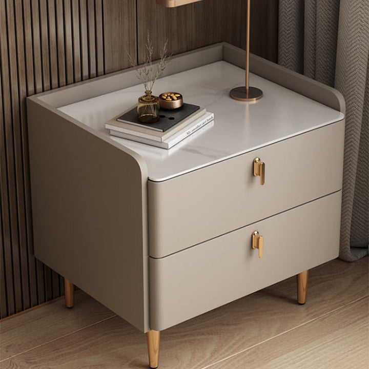 Modern Luxury Rectangular Cylinder Base Rock Slab Microfiber Leather MDF Carbon Steel Nightstand 2-Drawer For Bedroom