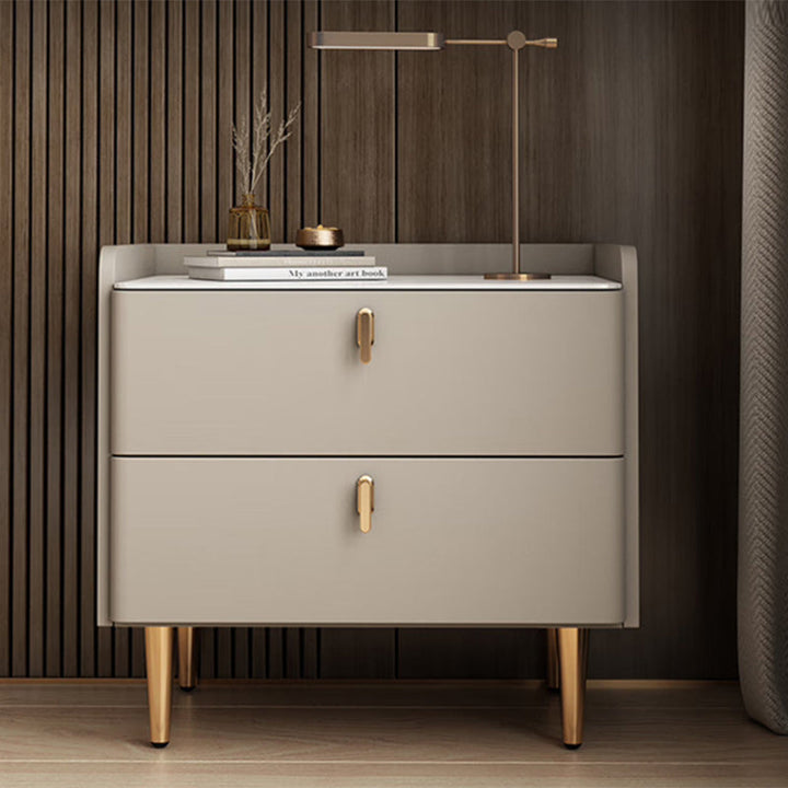 Table de nuit moderne de luxe rectangulaire à base cylindrique en pierre, cuir microfibre, bois massif, acier au carbone, 2 tiroirs pour chambre 