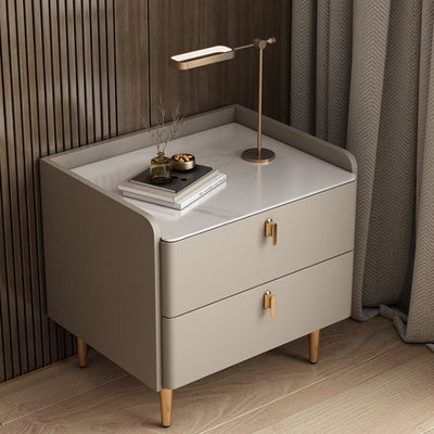 Table de chevet moderne de luxe avec base cylindrique rectangulaire en dalle de roche, cuir, bois massif et acier au carbone à 2 tiroirs pour chambre à coucher 