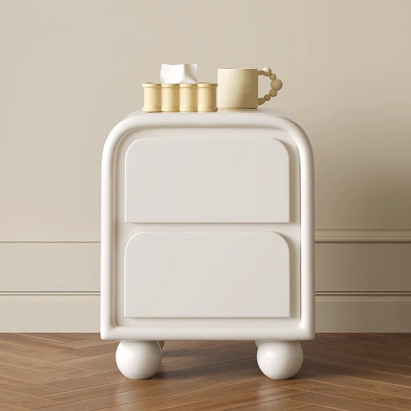 Modern Minimalist Cream Rectangular Round Corner Ball Base Plywood Pine Nightstand 2-Drawer For Bedroom