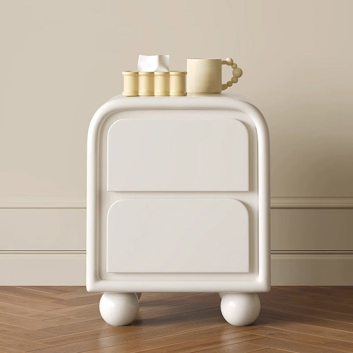 Modern Minimalist Cream Rectangular Round Corner Ball Base Plywood Pine Nightstand 2-Drawer For Bedroom