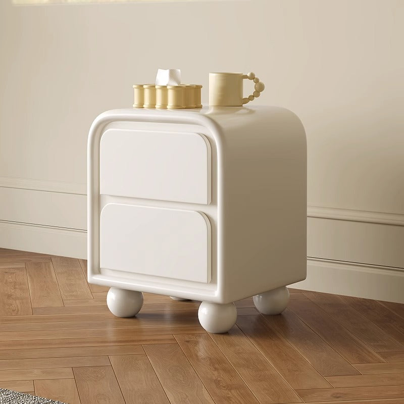 Modern Minimalist Cream Rectangular Round Corner Ball Base Plywood Pine Nightstand 2-Drawer For Bedroom