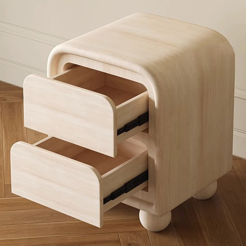 Modern Minimalist Cream Rectangular Round Corner Ball Base Plywood Pine Nightstand 2-Drawer For Bedroom