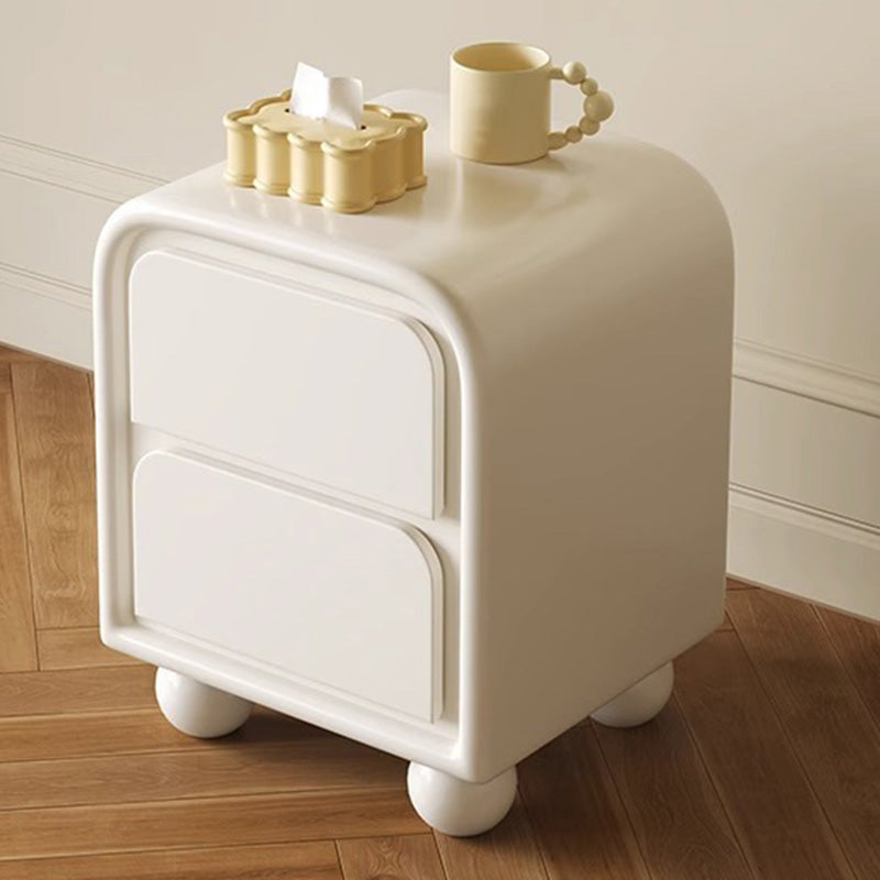 Modern Minimalist Cream Rectangular Round Corner Ball Base Plywood Pine Nightstand 2-Drawer For Bedroom