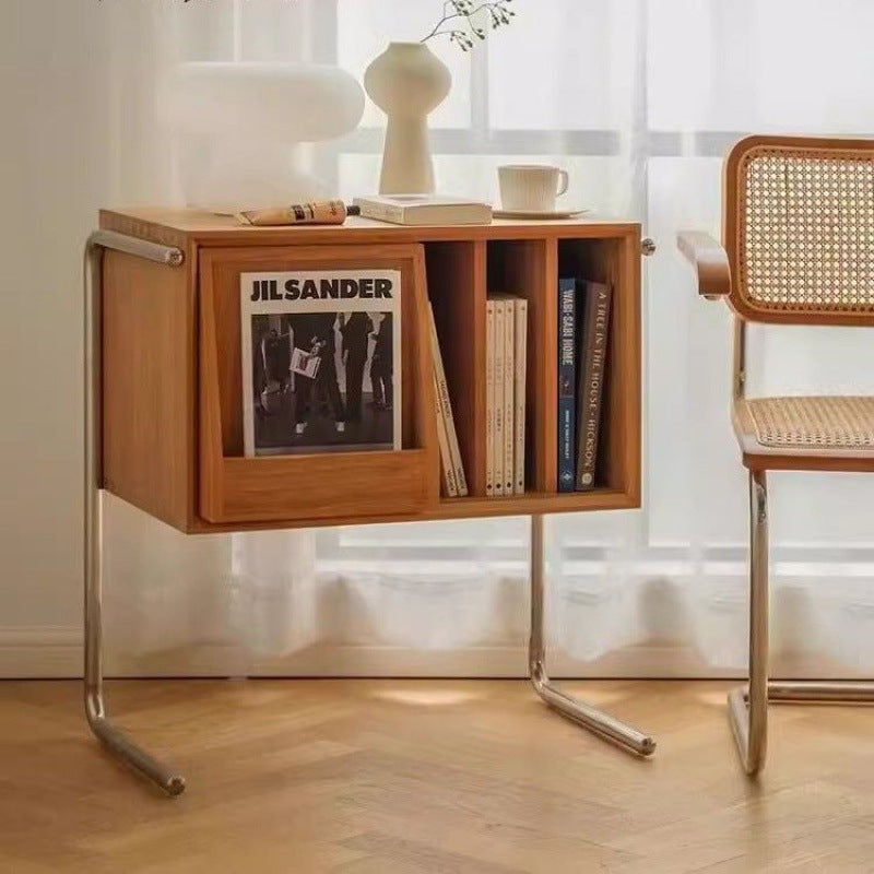 Moderner rechteckiger Retro-Beistelltisch aus Kiefernholz, Sperrholz und Edelstahl mit 4 Ablagefächern für das Wohnzimmer 