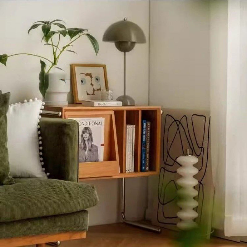Moderner rechteckiger Retro-Beistelltisch aus Kiefernholz, Sperrholz und Edelstahl mit 4 Ablagefächern für das Wohnzimmer 