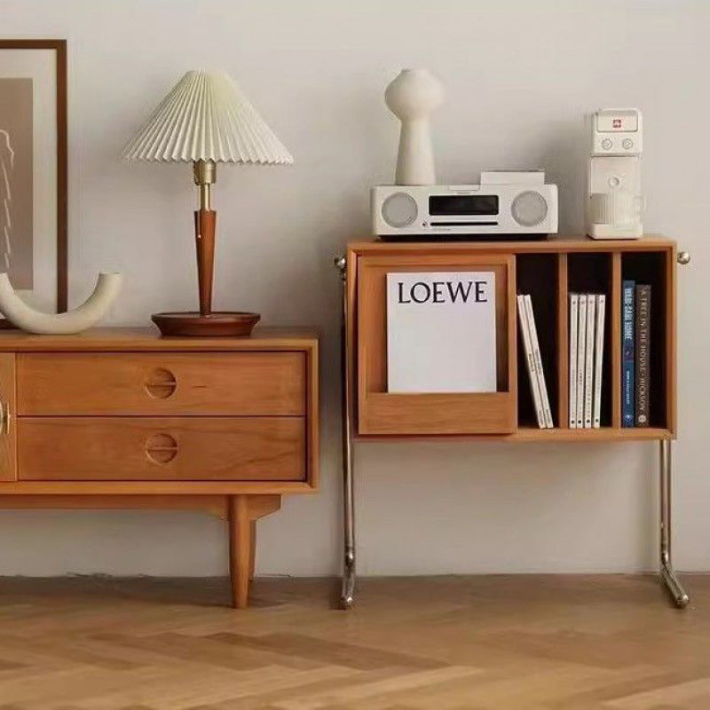 Moderner rechteckiger Retro-Beistelltisch aus Kiefernholz, Sperrholz und Edelstahl mit 4 Ablagefächern für das Wohnzimmer 
