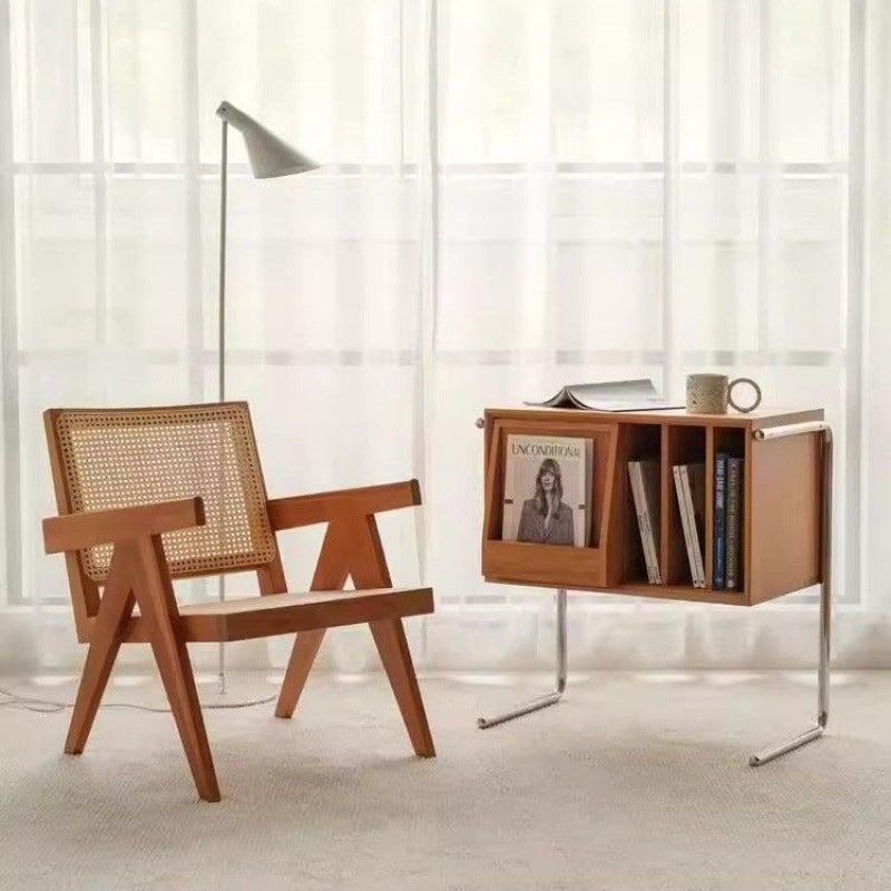 Moderner rechteckiger Retro-Beistelltisch aus Kiefernholz, Sperrholz und Edelstahl mit 4 Ablagefächern für das Wohnzimmer 