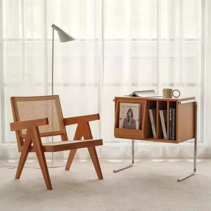 Moderner rechteckiger Retro-Beistelltisch aus Kiefernholz, Sperrholz und Edelstahl mit 4 Ablagefächern für das Wohnzimmer 