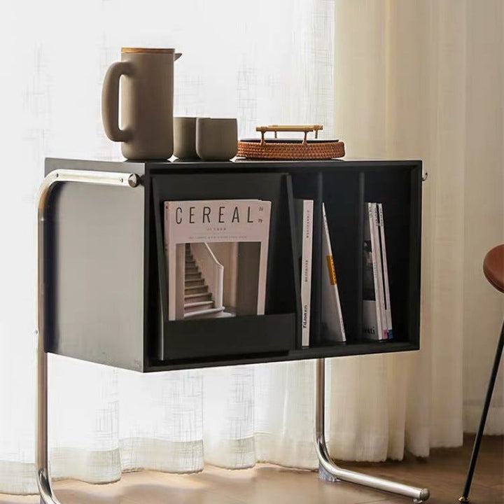 Moderner rechteckiger Retro-Beistelltisch aus Kiefernholz, Sperrholz und Edelstahl mit 4 Ablagefächern für das Wohnzimmer 