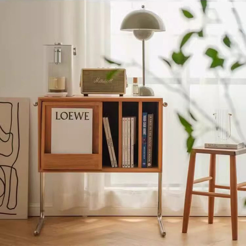 Moderner rechteckiger Retro-Beistelltisch aus Kiefernholz, Sperrholz und Edelstahl mit 4 Ablagefächern für das Wohnzimmer 
