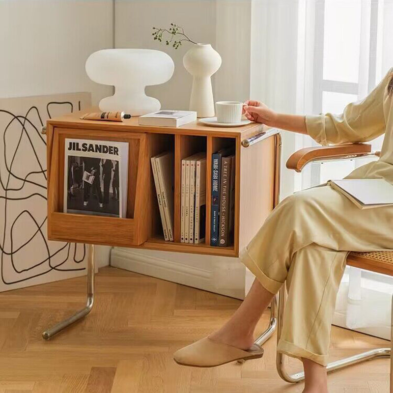 Moderner rechteckiger Retro-Beistelltisch aus Kiefernholz, Sperrholz und Edelstahl mit 4 Ablagefächern für das Wohnzimmer 
