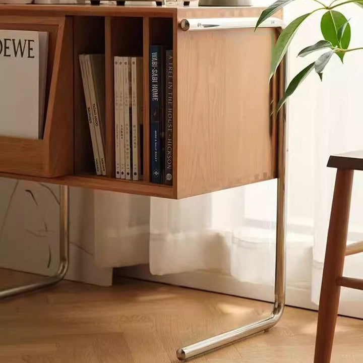Moderner rechteckiger Retro-Beistelltisch aus Kiefernholz, Sperrholz und Edelstahl mit 4 Ablagefächern für das Wohnzimmer 
