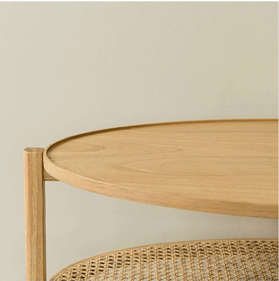 Traditional Japanese Oval Wooden Rattan Coffee Table 2-Tier For Living Room