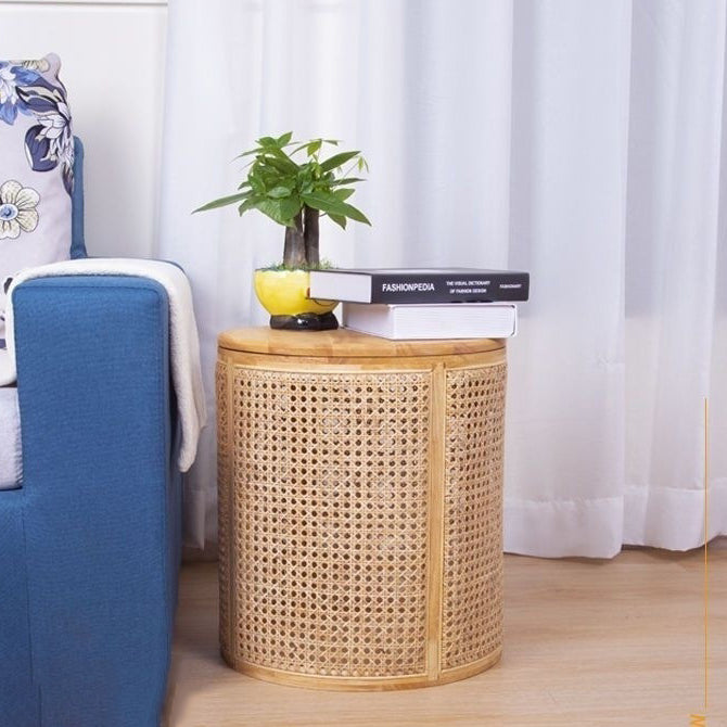 Traditional Japanese Cylinder Rubberwood Plastic Rattan End Table 1-Storage For Living Room
