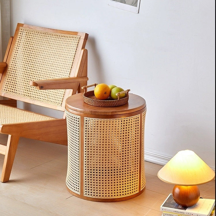 Traditional Japanese Cylinder Rubberwood Plastic Rattan End Table 1-Storage For Living Room