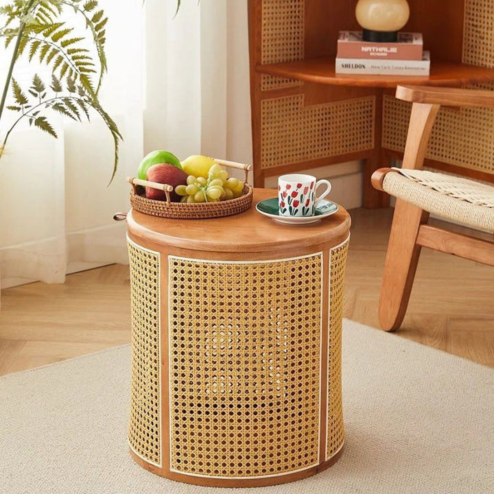 Traditioneller japanischer Beistelltisch aus Gummibaumholz, Kunststoff-Rattan in Zylinderform mit 1 Stauraumfach für das Wohnzimmer 