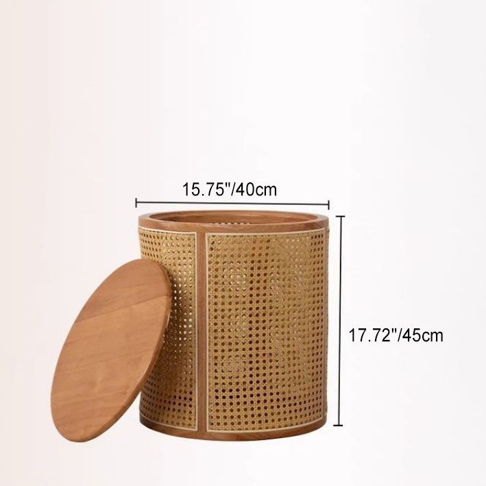 Traditioneller japanischer Beistelltisch aus Gummibaumholz, Kunststoff-Rattan in Zylinderform mit 1 Stauraumfach für das Wohnzimmer 