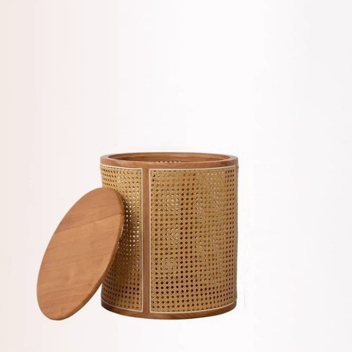 Traditional Japanese Cylinder Rubberwood Plastic Rattan End Table 1-Storage For Living Room